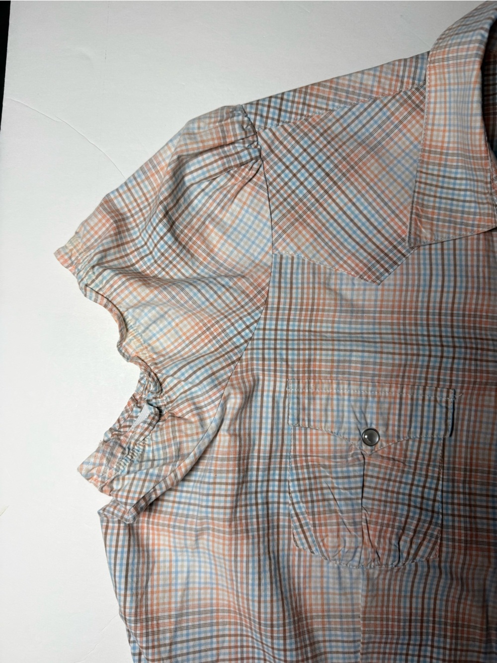 Roper XL Western Plaid Snap Button Shirt Peach Blue Puff Sleeve 100% cotton top - Picture 6 of 9